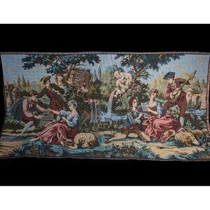 French Aubusson Tapestry Wall Art Pastoral Scene With Musicians & Cherubs 36“X15